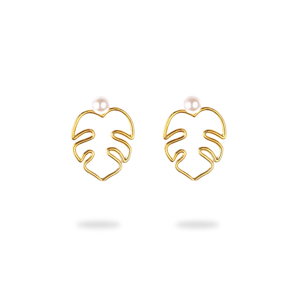 Gold Plated Silver Stud Fig Leaf Earnings with Pearl