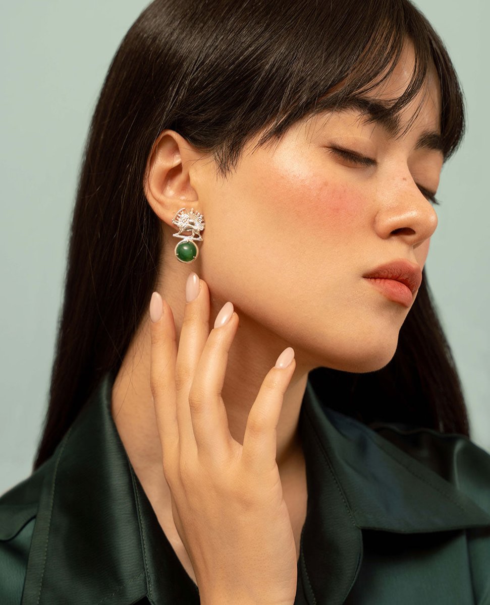 Silver Lion and Sun Stud Earrings with Gemstones