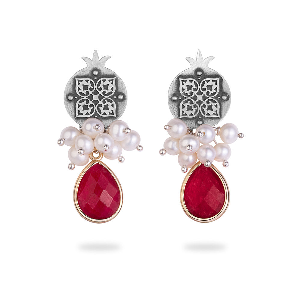 Sterling Silver Pomegranate Earrings with Natural Pearls and Drop Agate