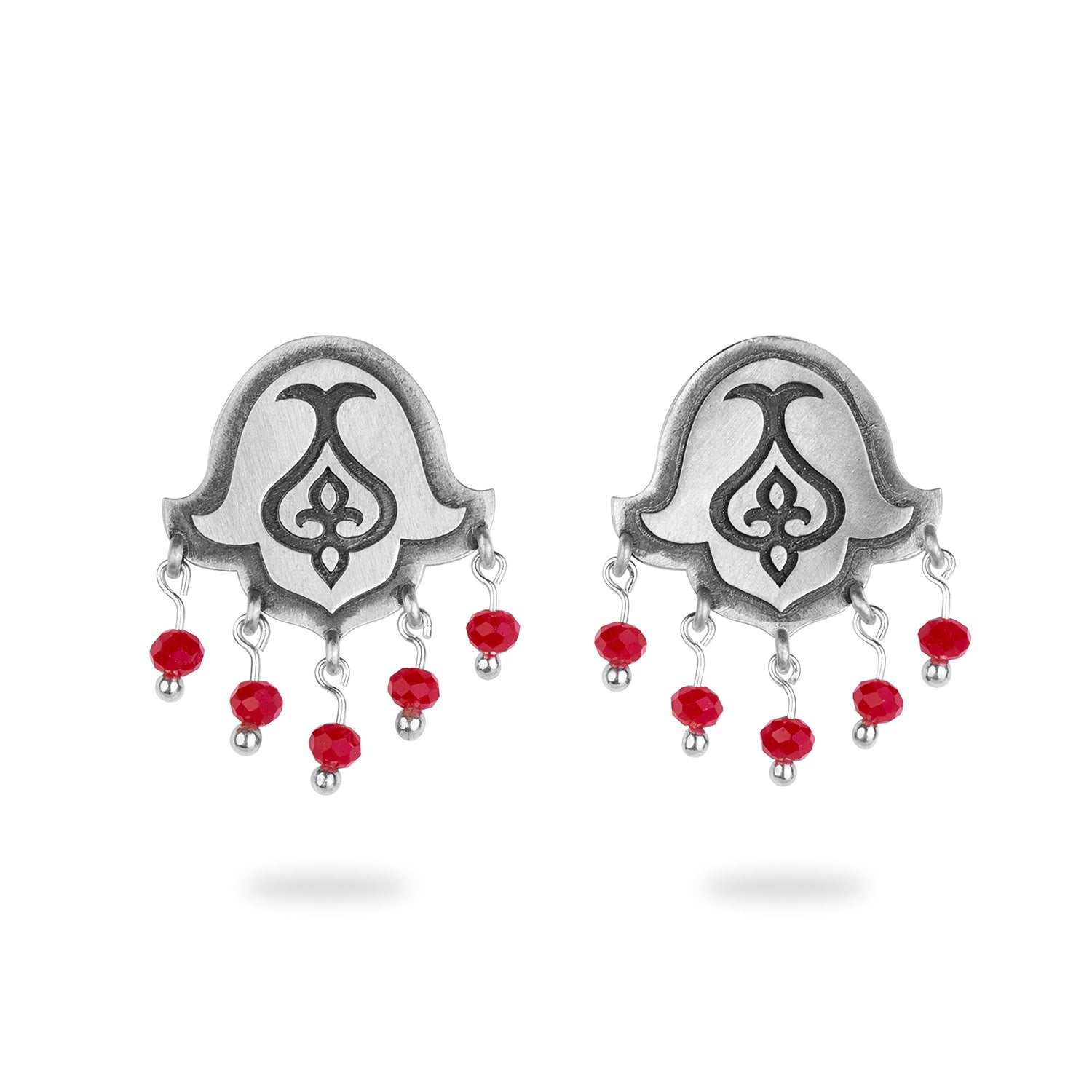 Silver Tulip Earrings with Red Crystal Drops
