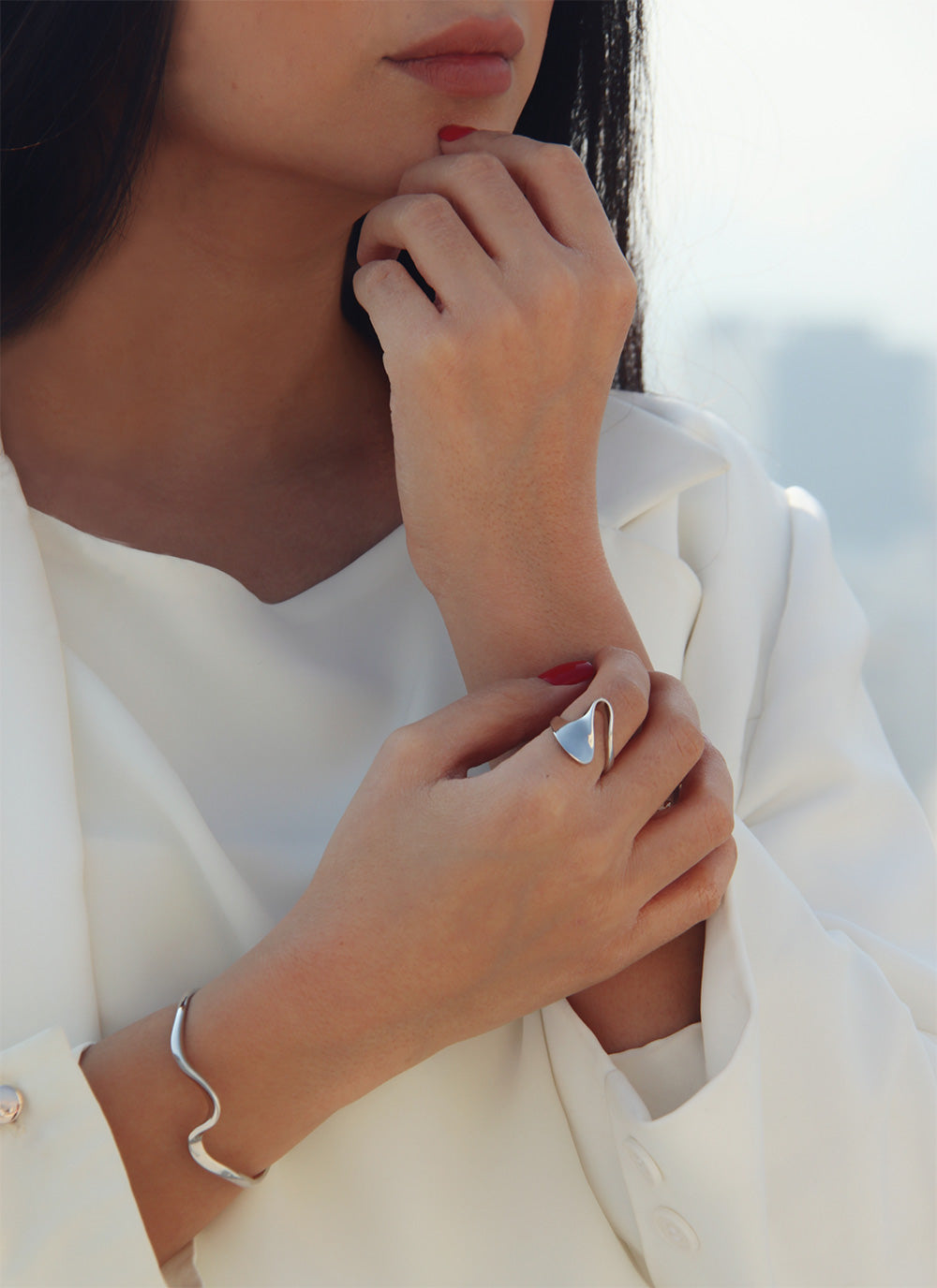 Silver Thick Wave Band Adjustable Ring and Bangle