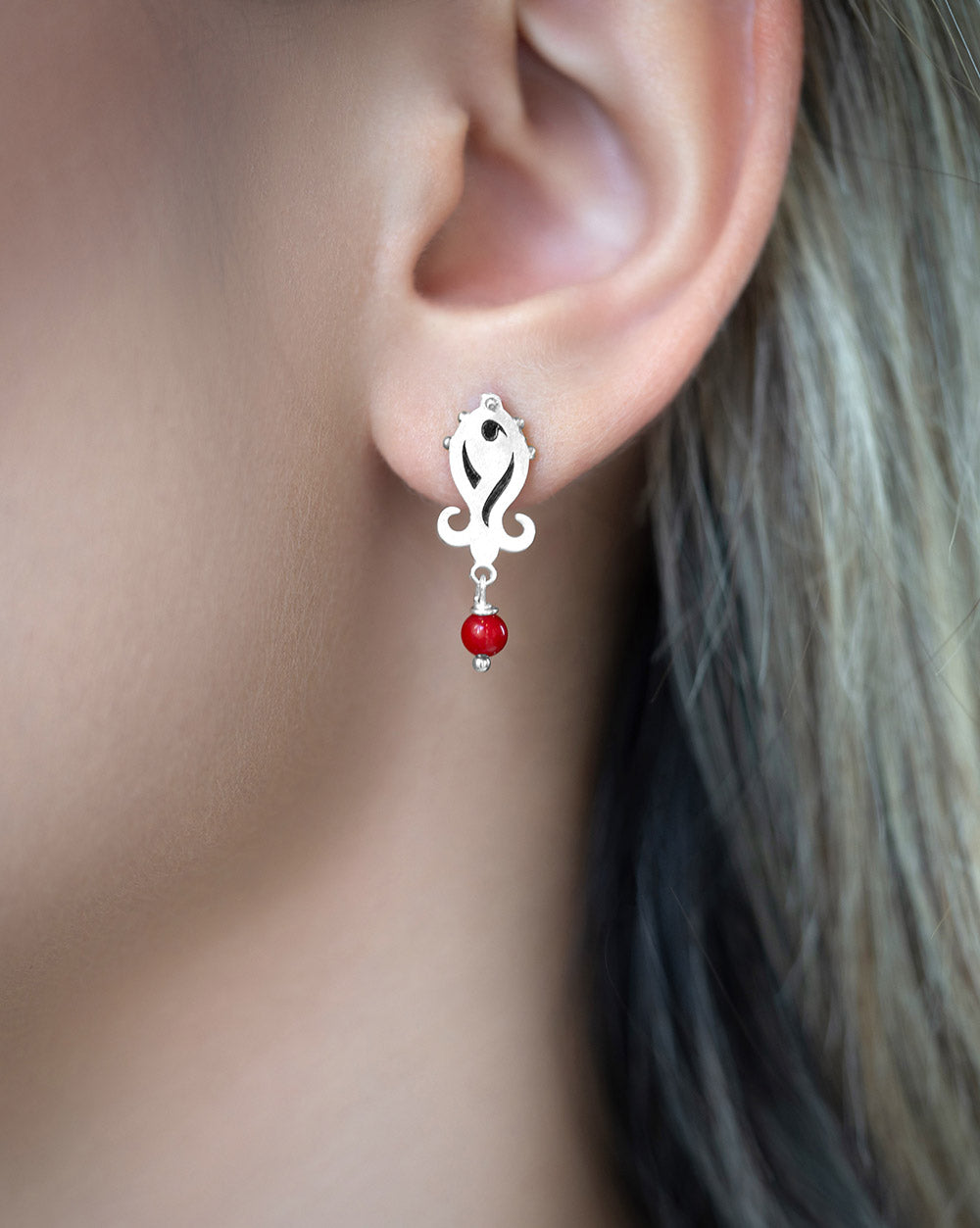 Sterling Silver Stud Tiny Tulip Earrings with Coral Gemstone