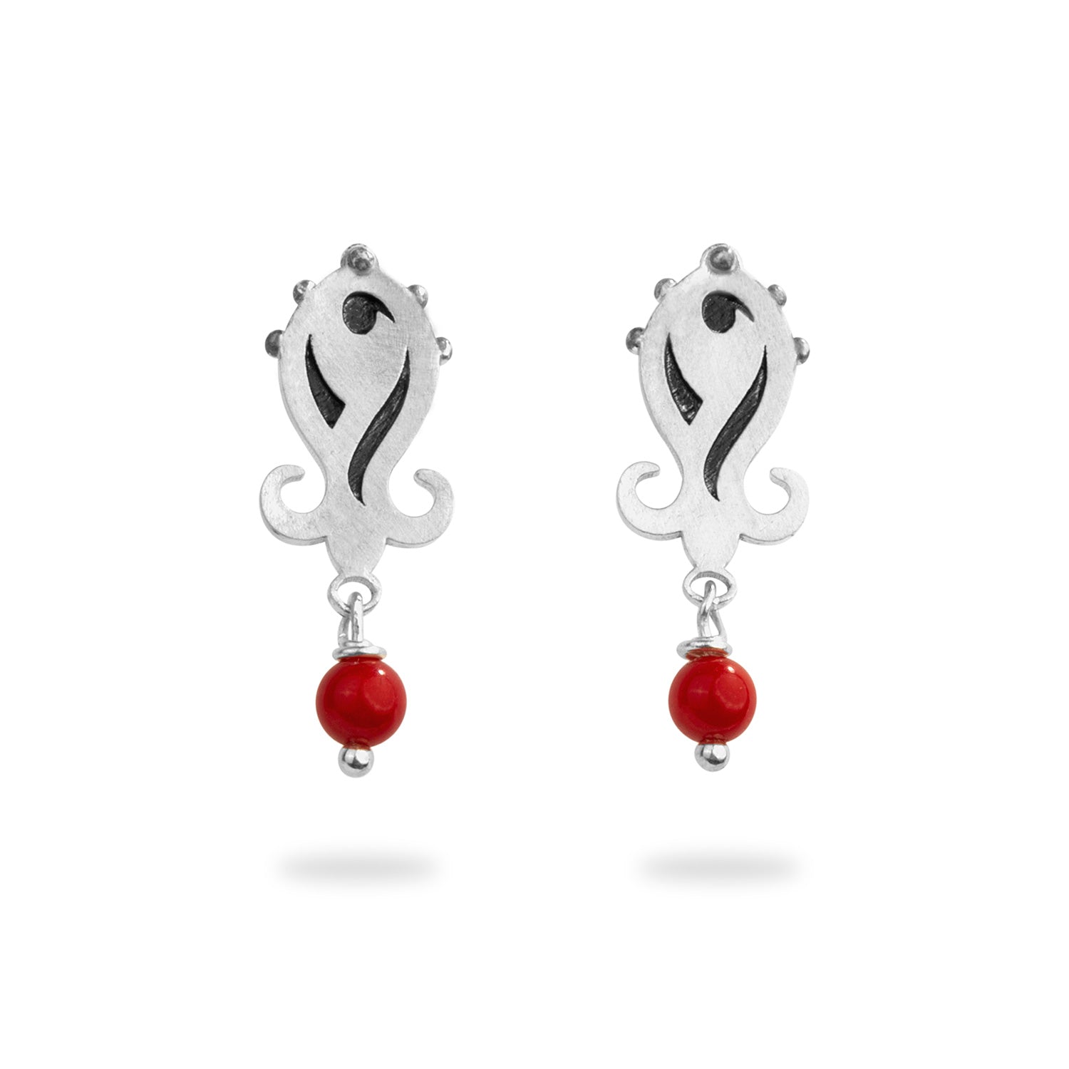Silver Stud Tiny Tulip Earrings with Coral Gemstone