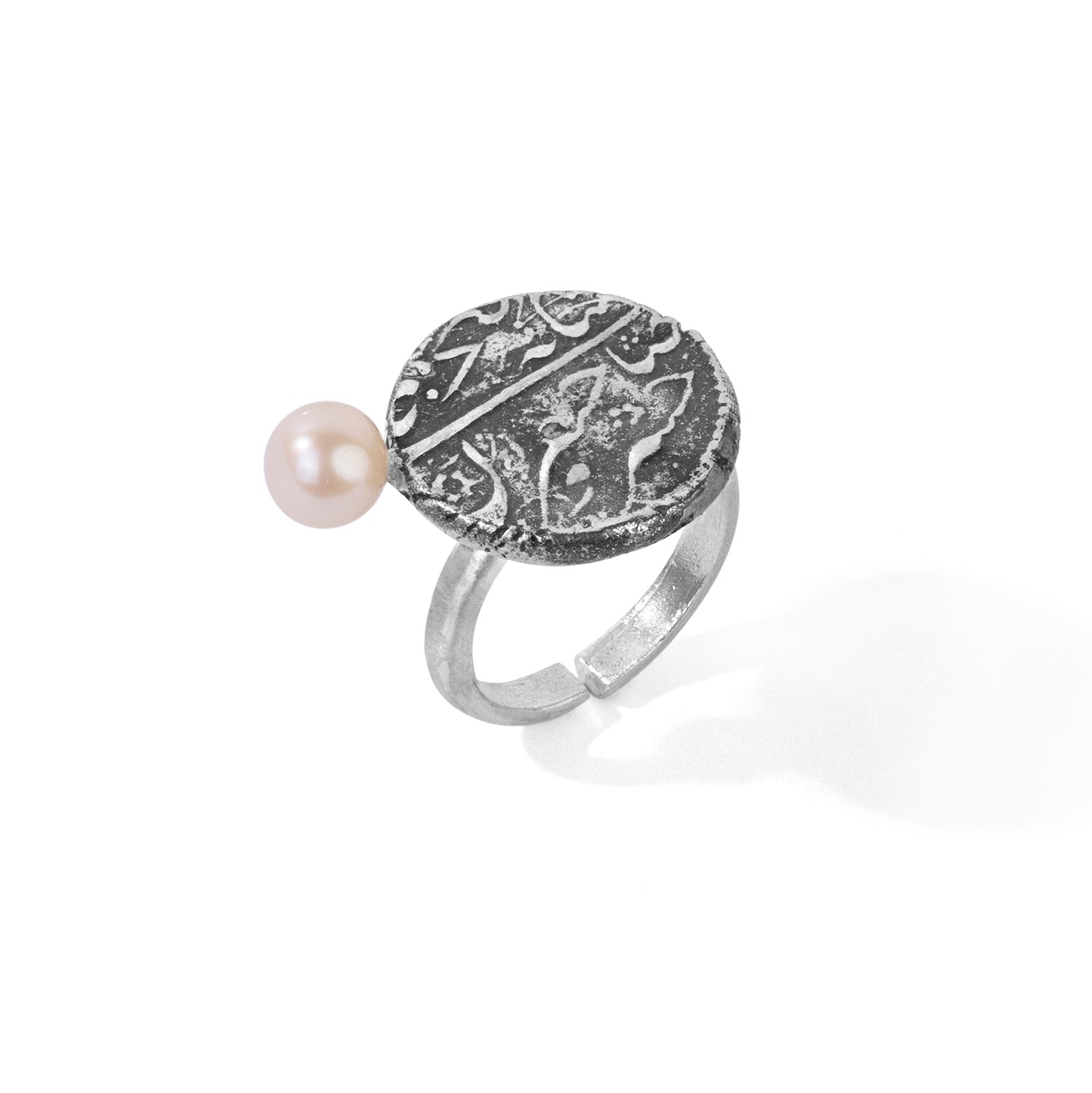 Silver Adjustable Qajar Coin Ring with Freshwater Pearl