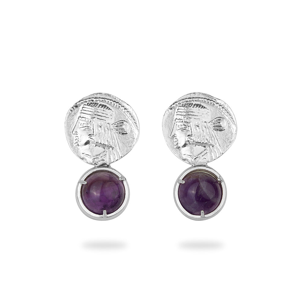 Silver Ancient Persia Coin Stud Earrings with Amethyst