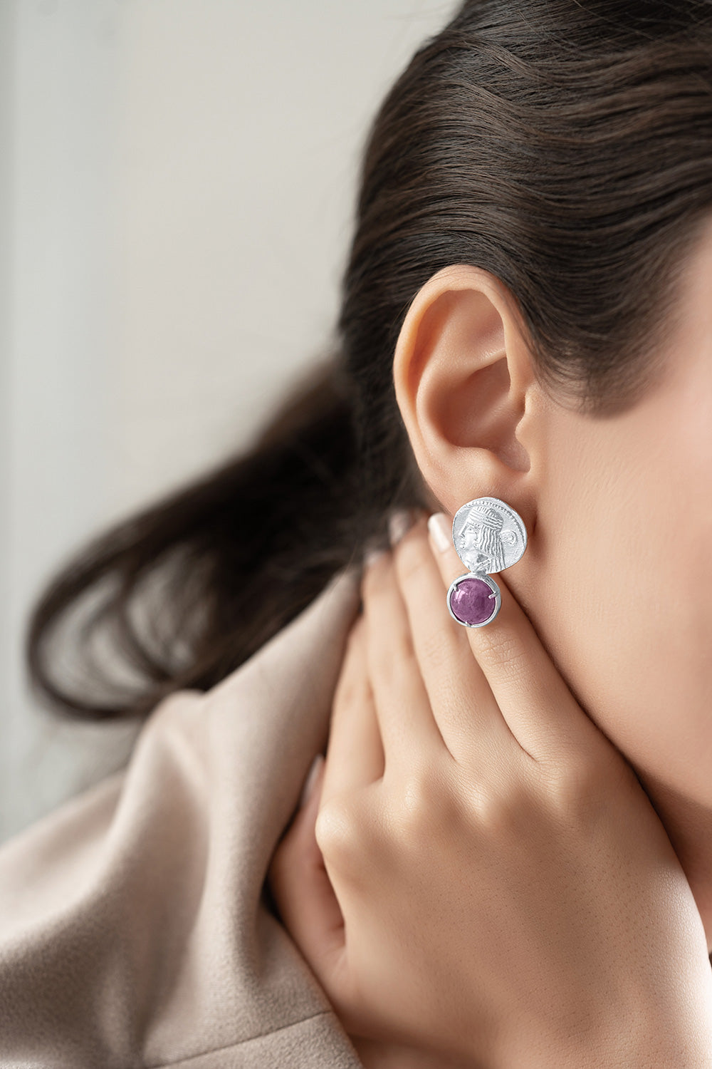 Silver Ancient Persia Coin Stud Earrings with Amethyst