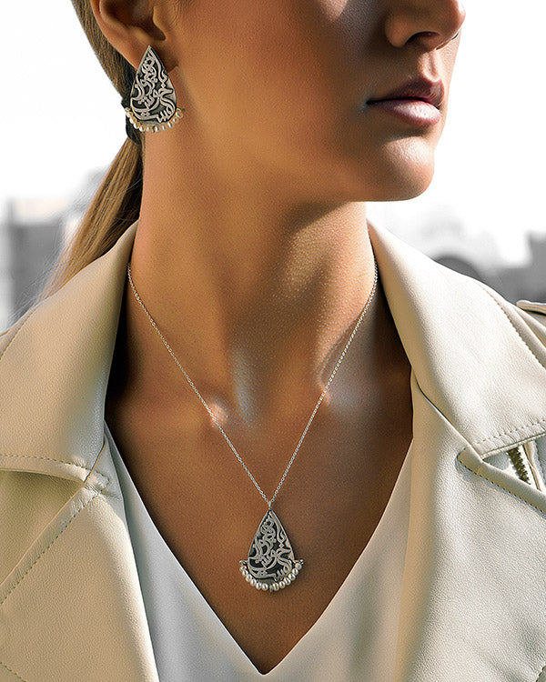 Silver Adjustable Statement Pear Earrings and Necklace with Freshwater Pearls