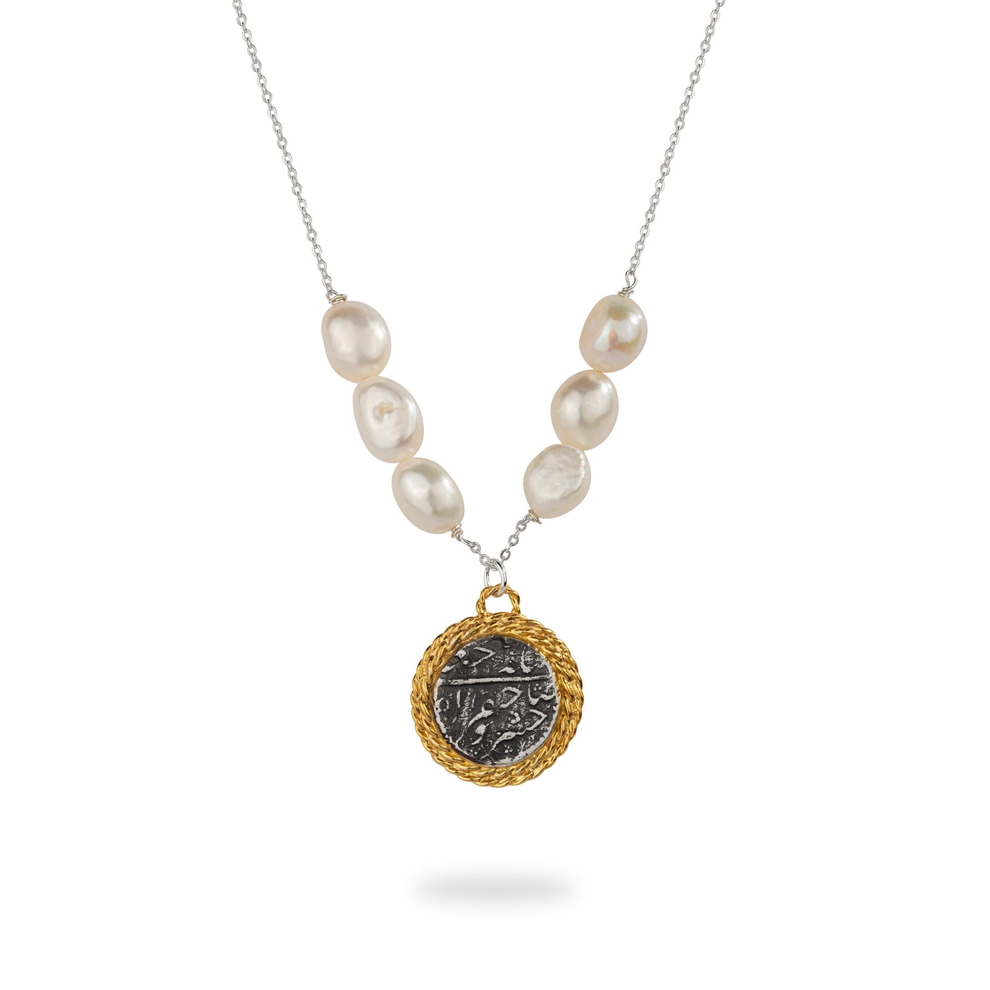 Sterling Silver Coin Necklace with Baroque Pearl