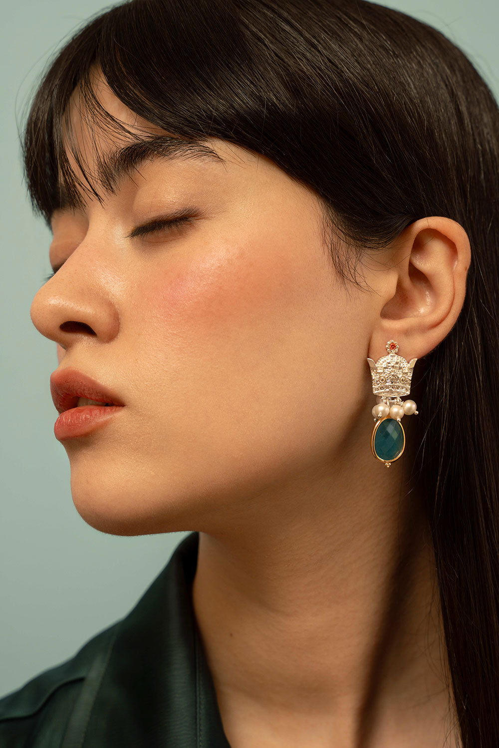 Sterling Silver Crown Earrings with Freshwater Pearls and Drop Agate