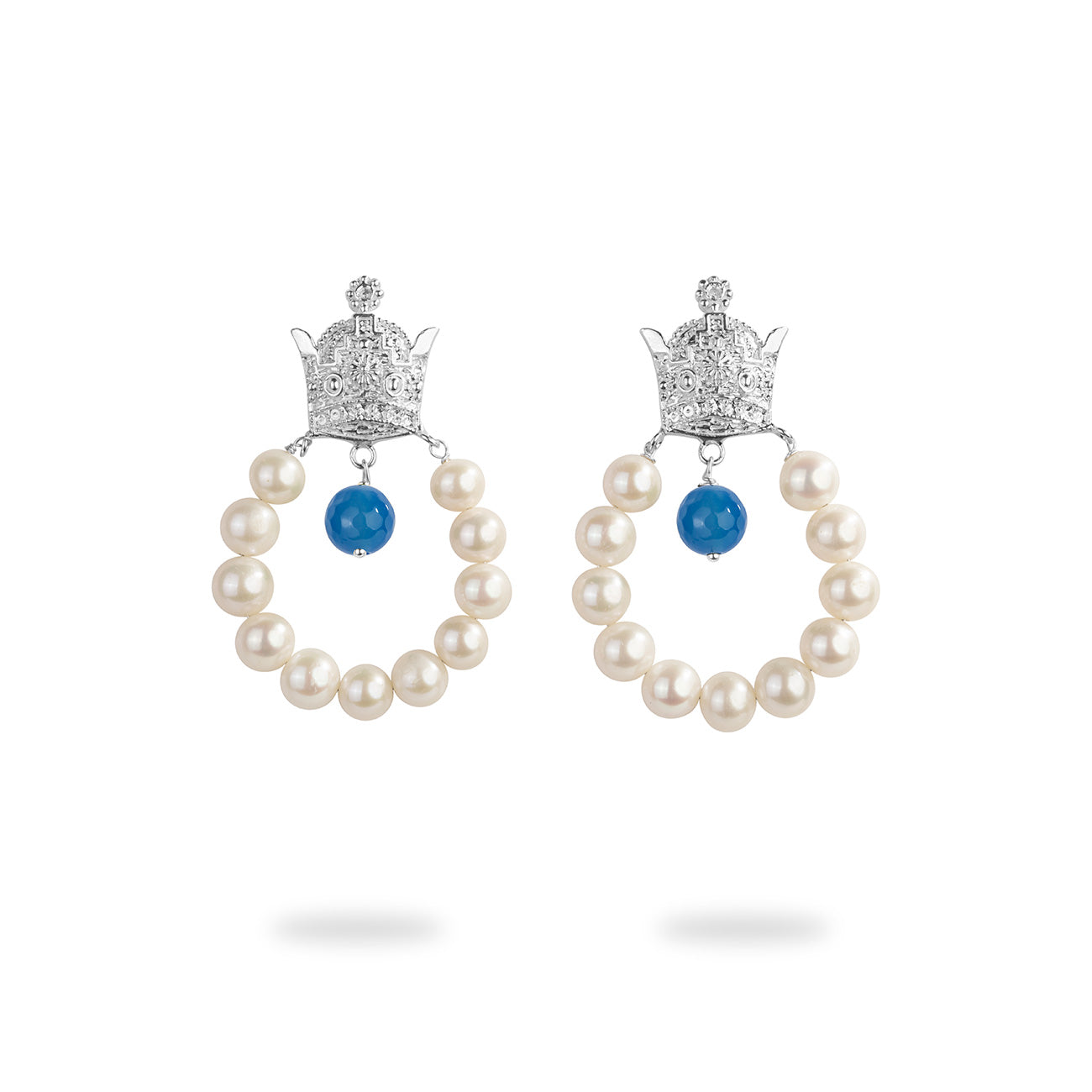 Silver Crown Earrings with Natural Pearl and Blue Agate