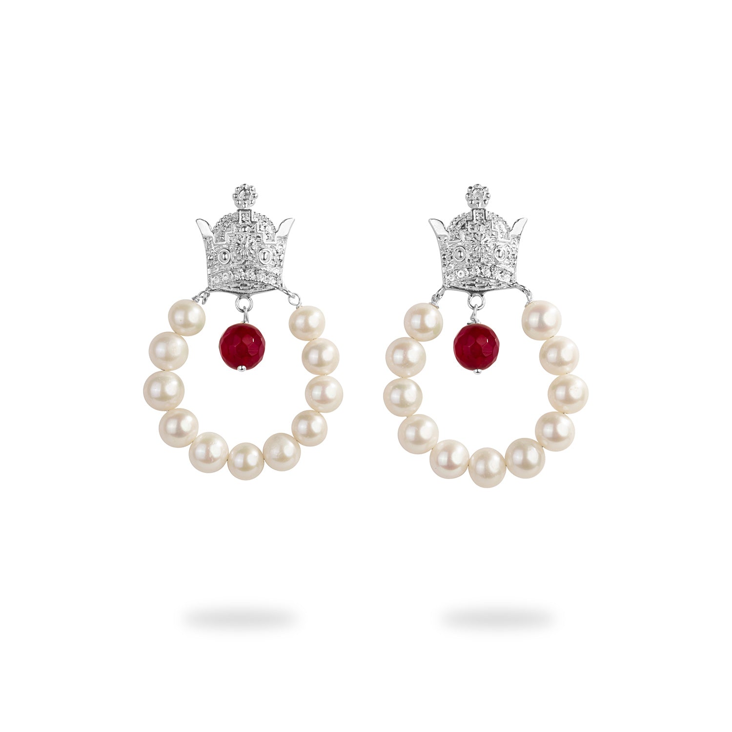 Silver Crown Earrings with Natural Pearl and Red Agate