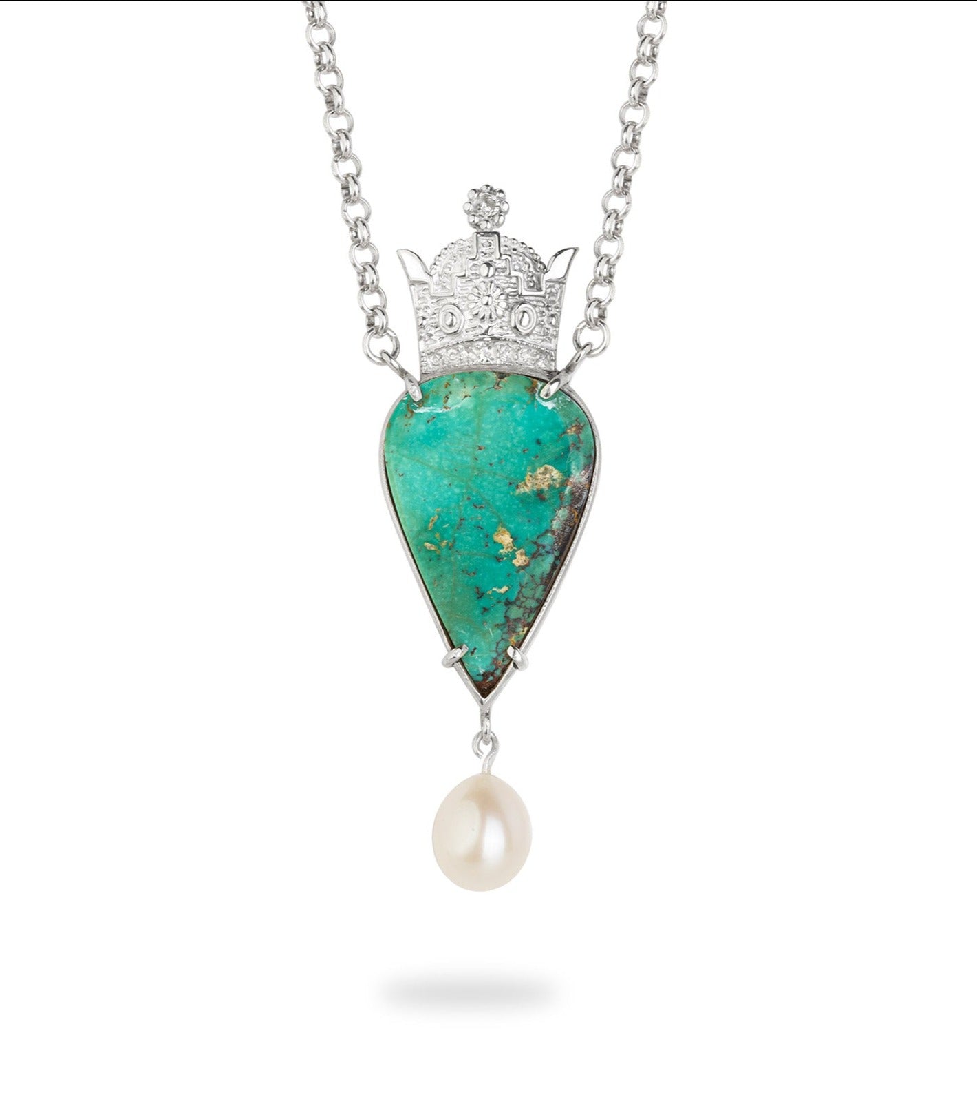 Sterling Silver Crown Necklace with Turquoise and Freshwater Drop Pearl