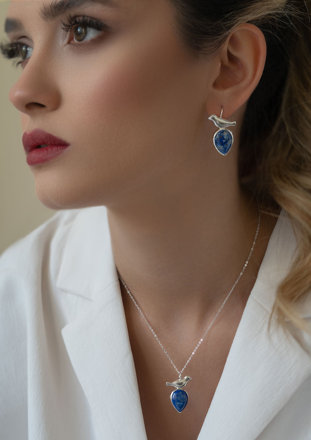 Sterling Dangle Silver Bird Earrings with Pear  Lapis Lazuli
