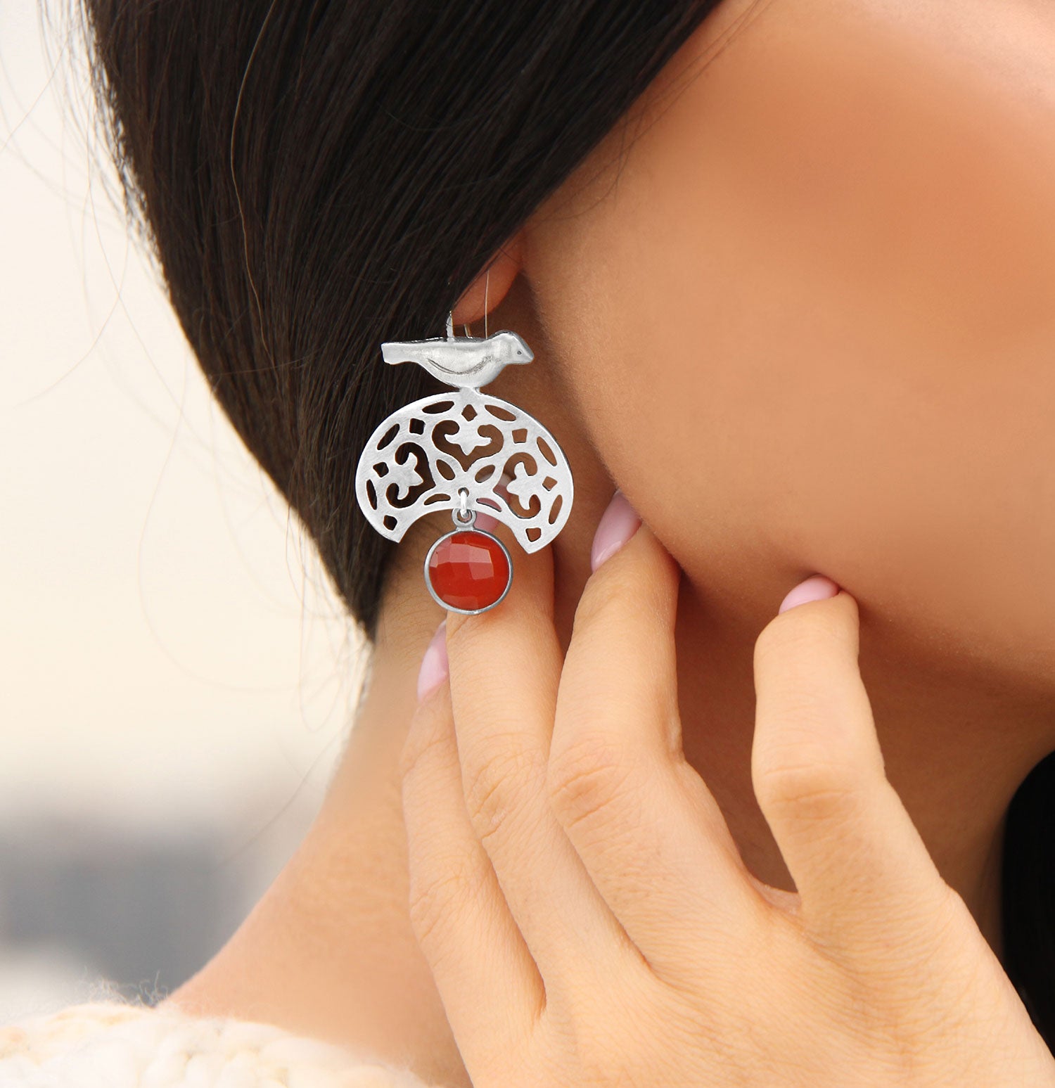 Sterling Silver Dangle Bird Earrings with Red Agate