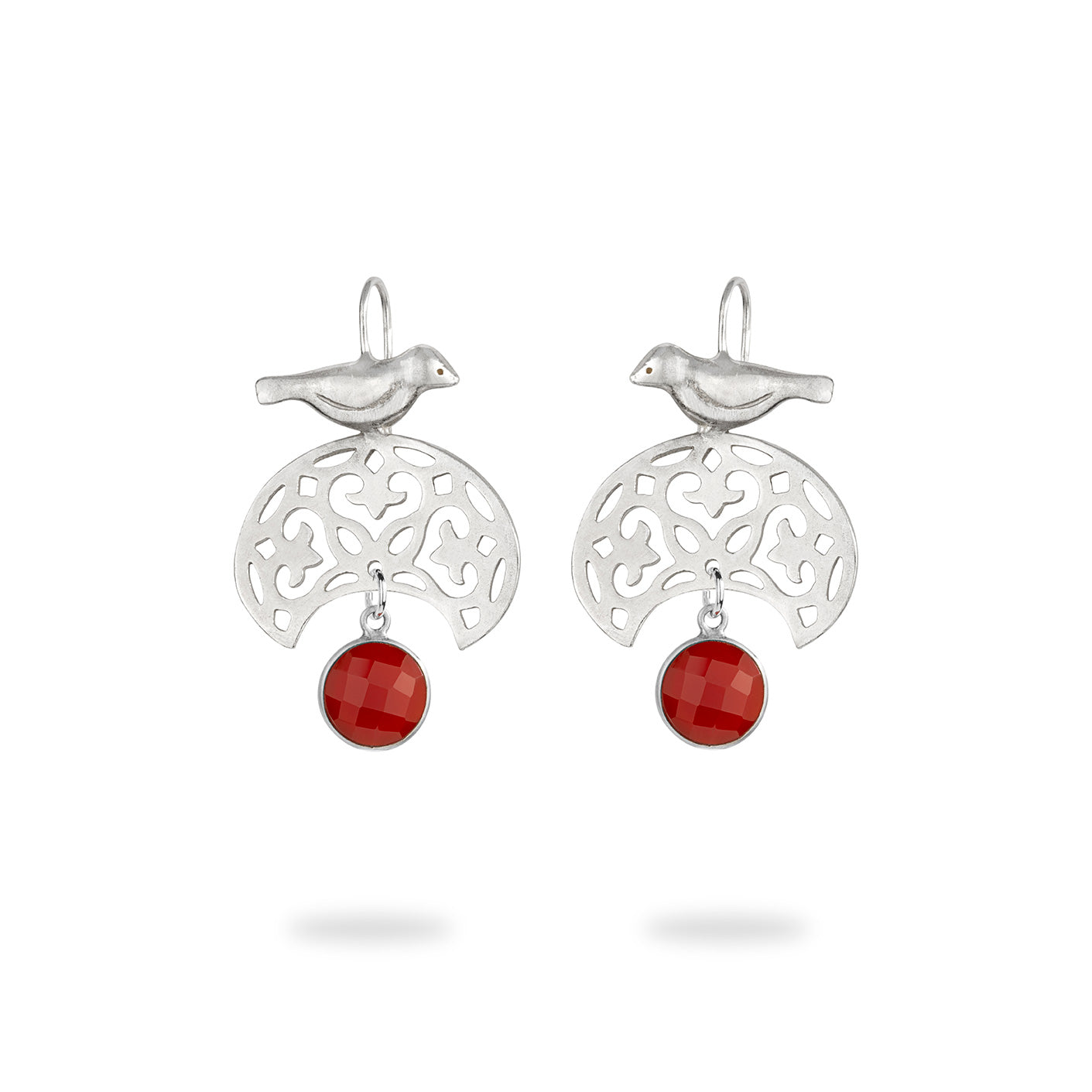 Silver Dangle Bird Earrings with Red Agate