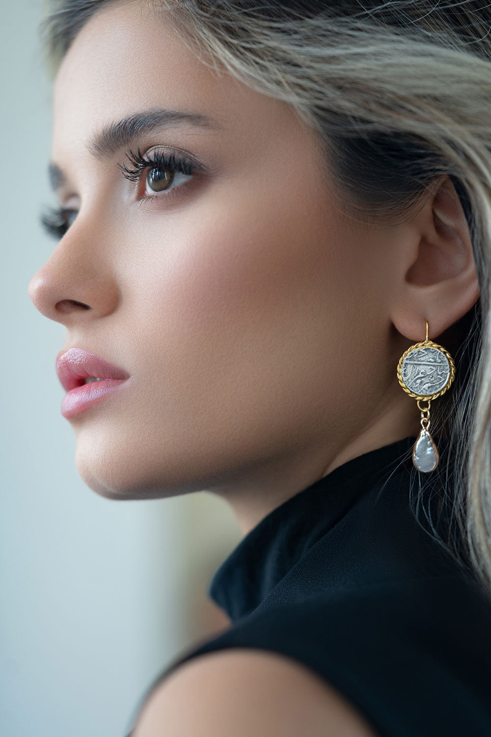 Sterling Silver Coin Earrings with Drop Baroque Pearl