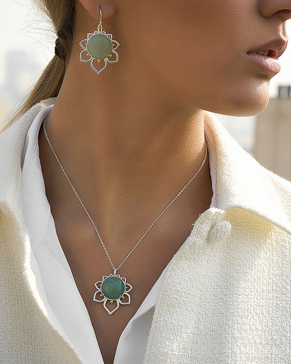 Silver Dangle Flower Earrings and Necklace with Aventurine