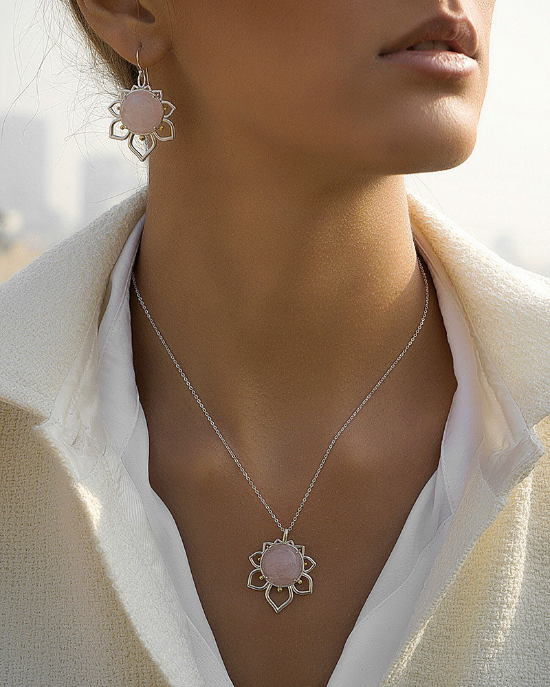 Silver Dangle Flower Earrings and Necklace with Rose Quartz