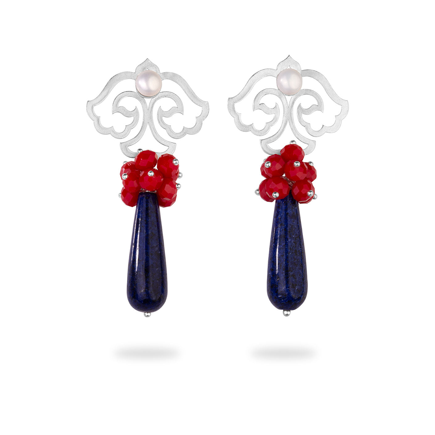Statement Flower Silver Earrings with Pearl and Lapis Drop