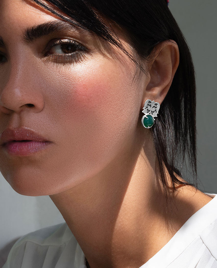 Sterling Silver Flower Stud Earrings with Agate Gemstones