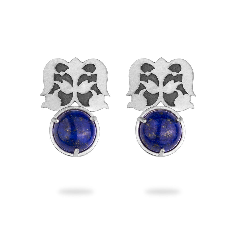 Silver Flower Stud Earrings with Lapis