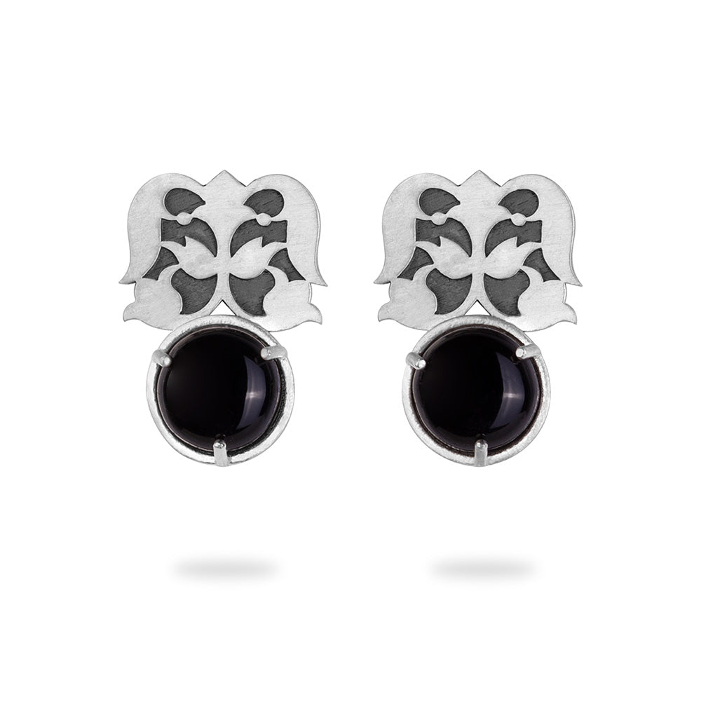 Silver Flower Stud Earrings with Onyx
