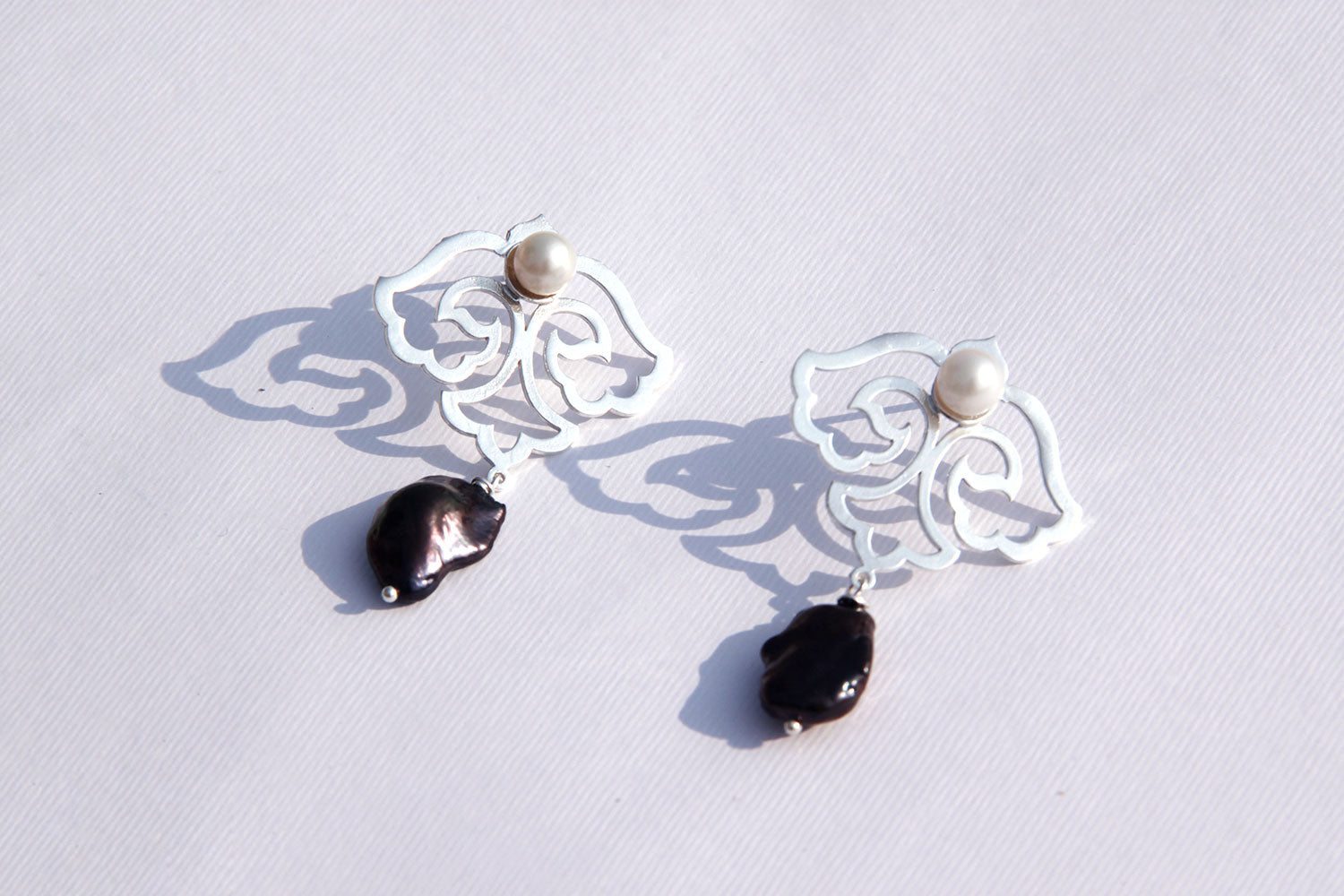 Silver Flower Statement Earrings with Black Baroque Pearl