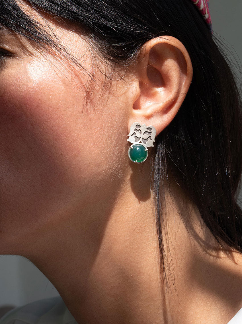 Silver Flower Stud Earrings with Agate