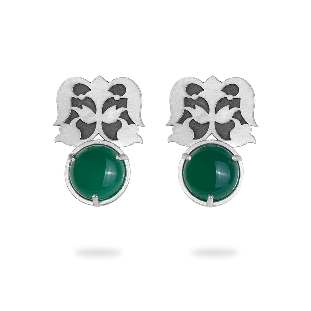 Silver Flower Stud Earrings with Green Agate