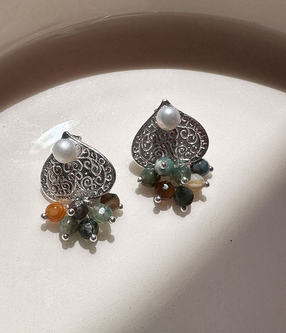 Silver Engraved Heart Stud Earrings with Freshwater Pearl and Indian Agate