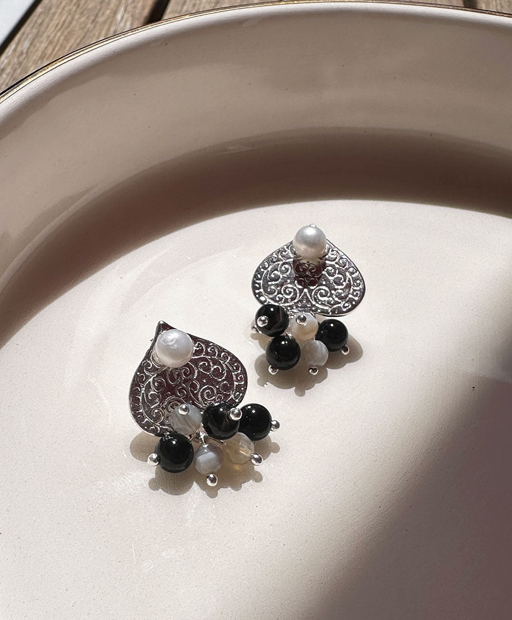 Silver Engraved Heart Stud Earrings with Freshwater Pearl and Moonstone