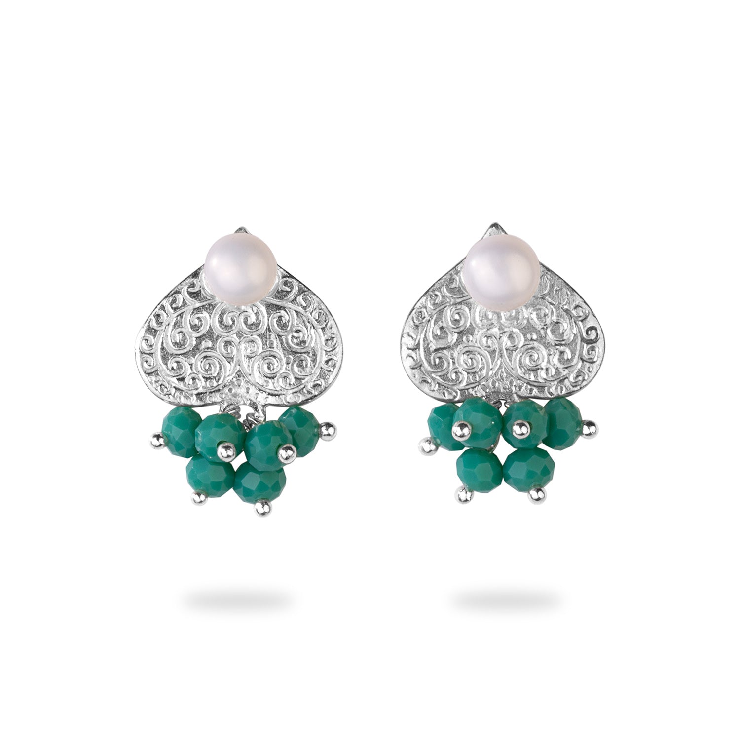 Silver Engraved Heart Stud Earrings with Freshwater Pearl and Turquoise Crystal