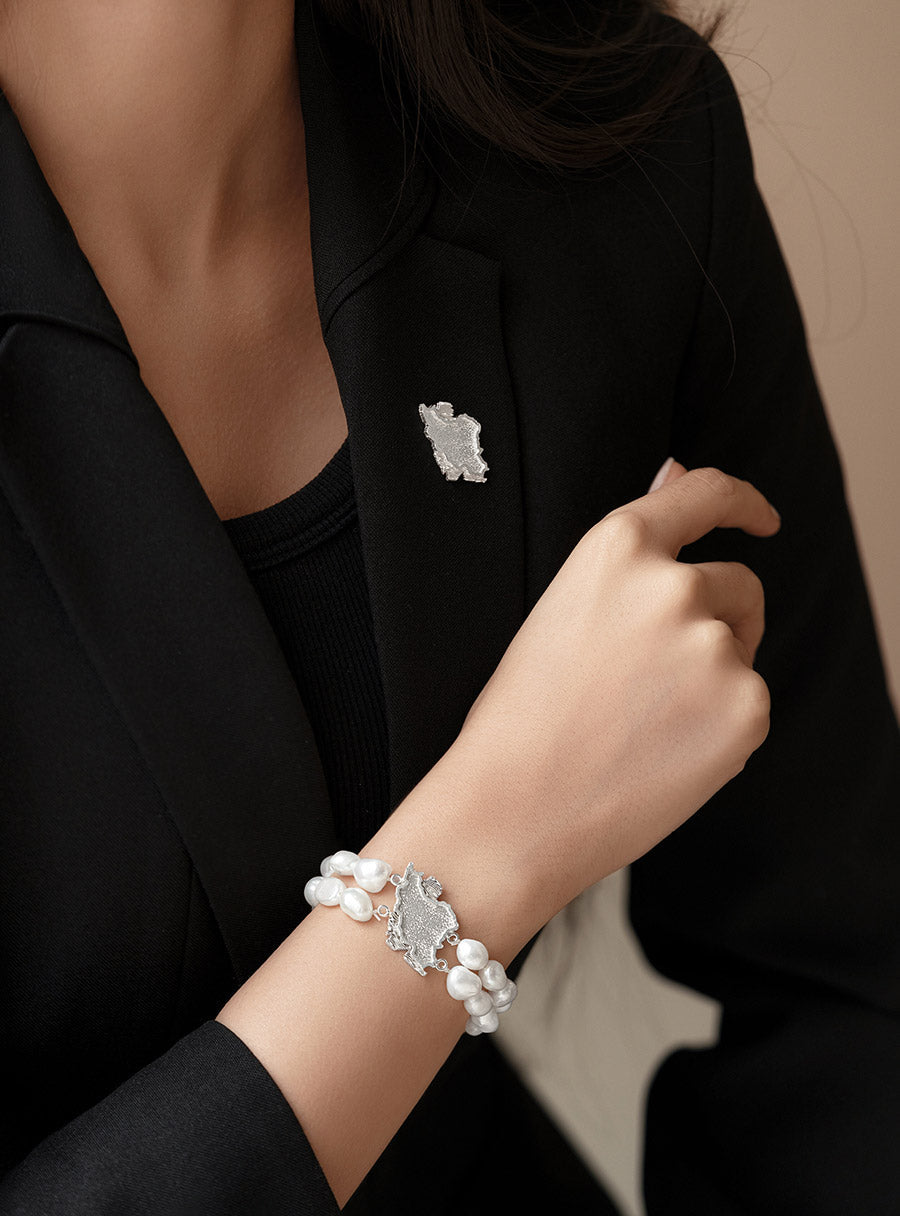 Sterling Silver Iran Map Brooch and Baroque Bracelet
