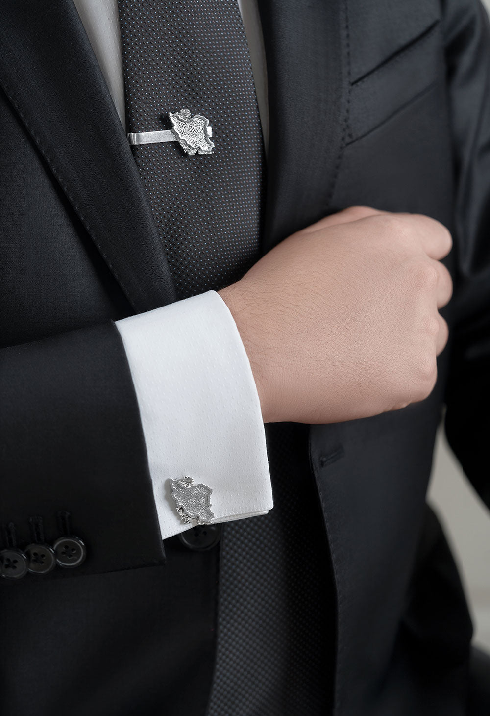Silver Iran Map Cufflinks and Tie Bar