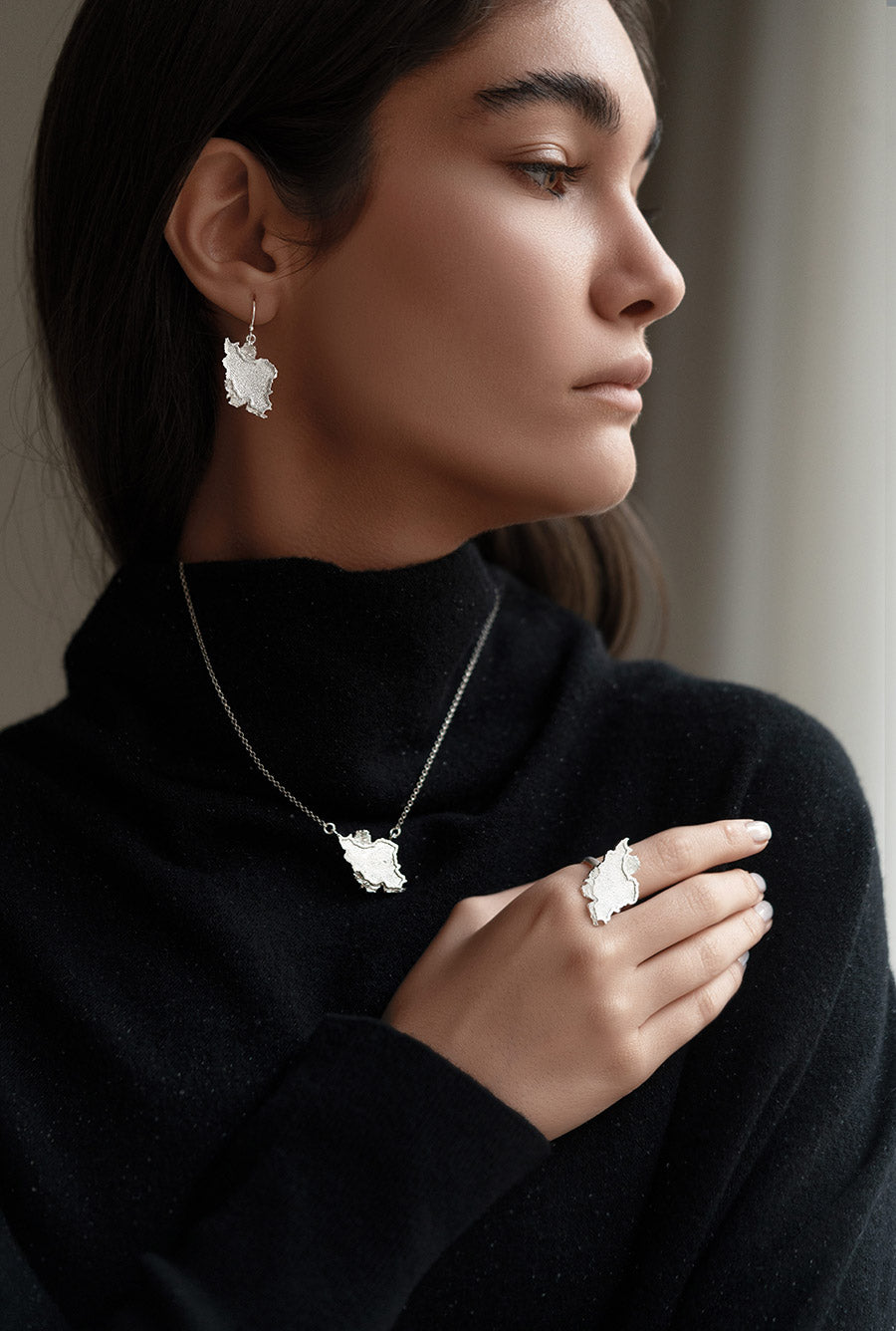 Sterling Silver Iran Map Necklace, Ring, and Earrings