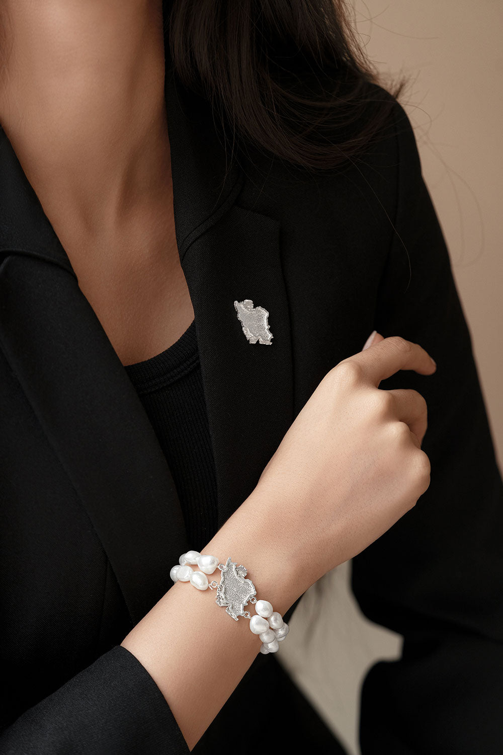 Sterling Silver Iran Map Pin and Pearl Bracelet