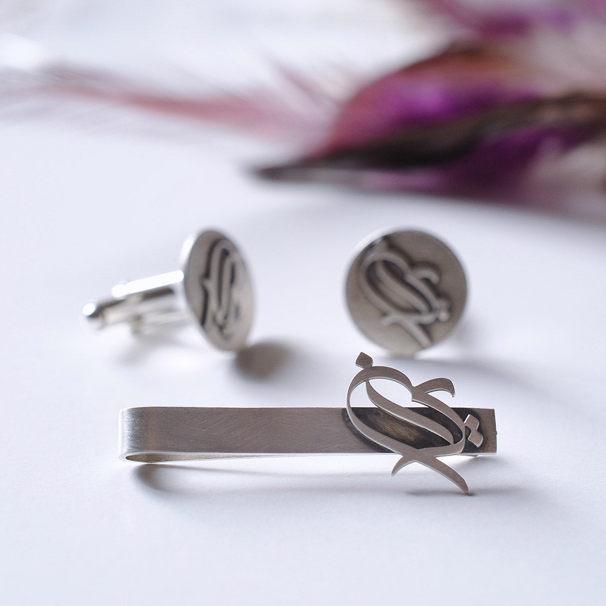 Sterling Silver Persian Calligraphy Iran Tie Bar and Cufflinks
