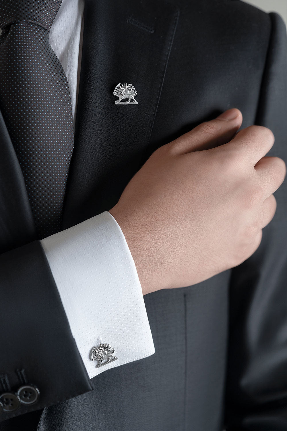 Sterling Silver Lion and Sun Pin Label and Cufflinks
