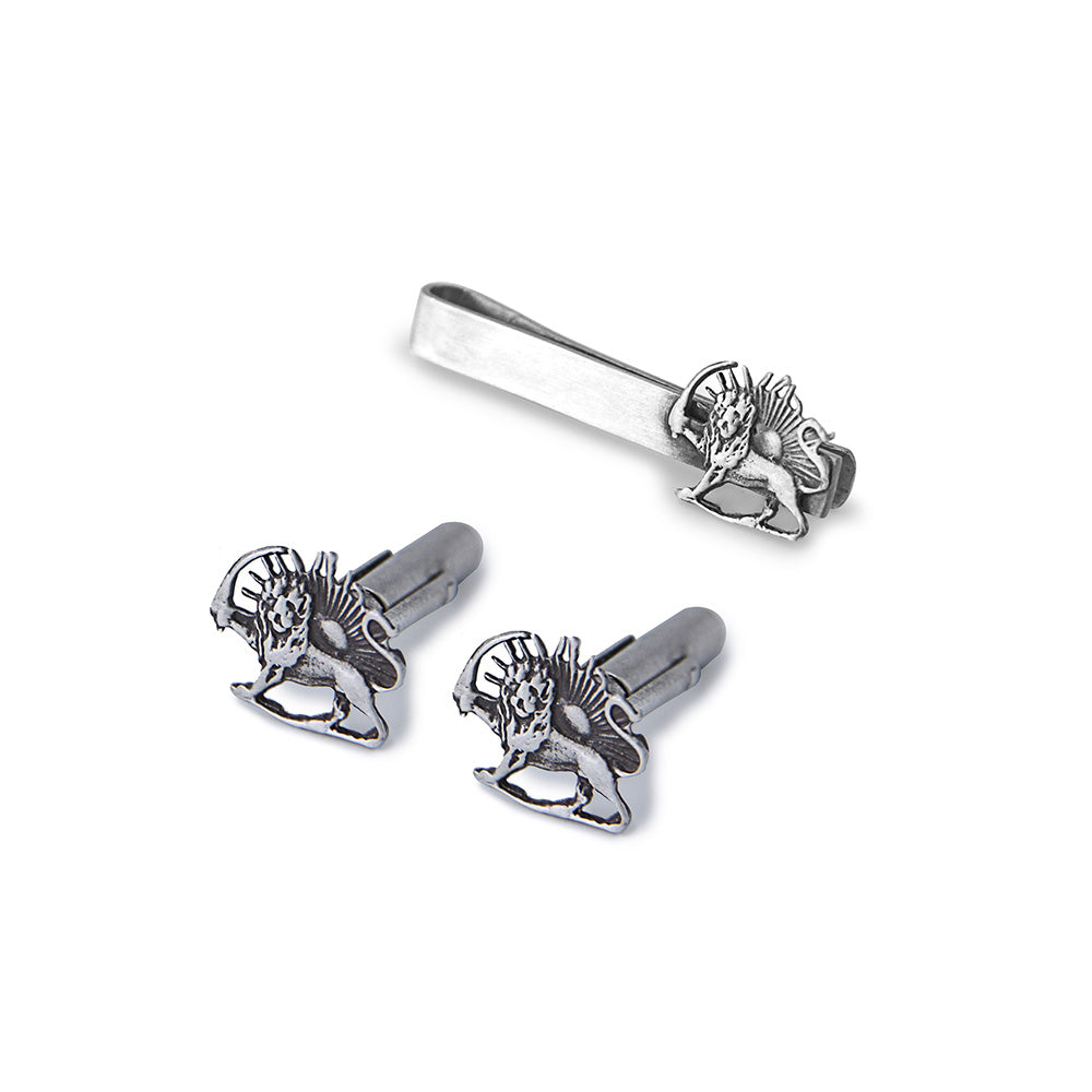 Sterling Silver Lion and Sun Tie Clip and Cufflinks