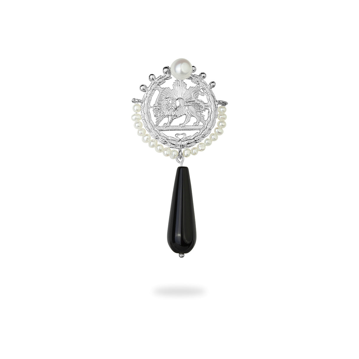Sterling Silver Lion and Sun Brooch with Pearl and Drop Onyx