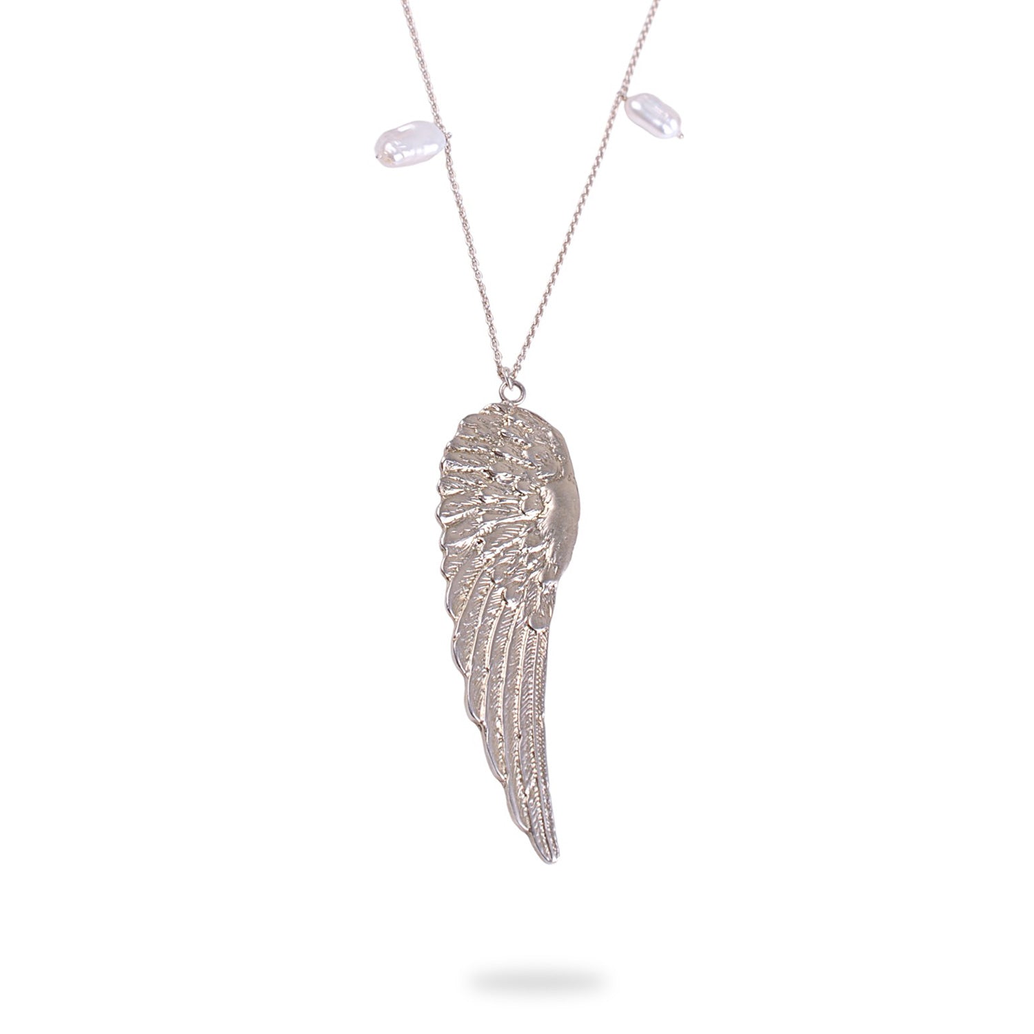 Sterling Silver Long Angel Wing Necklace with Freshwater Pearl