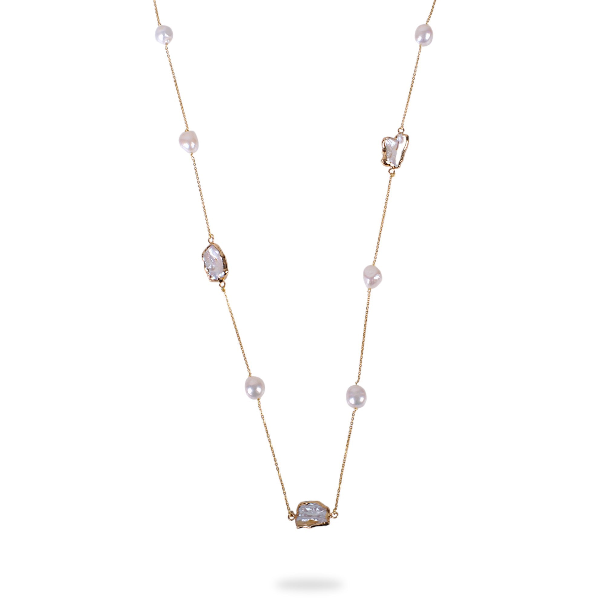 Gold Plated Silver Baroque Pearl Long Minimal Necklace