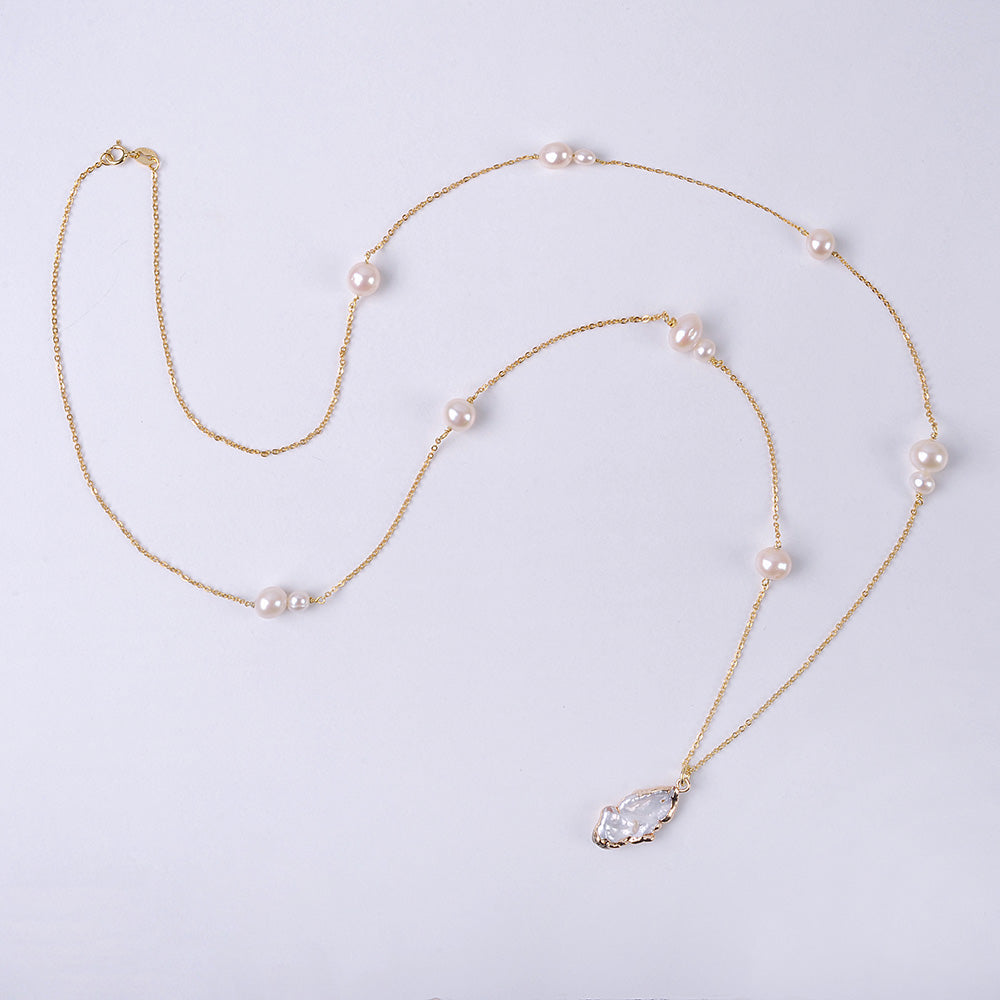 Gold Plated Silver Long Chain Necklace with Natural Freshwater Pearl