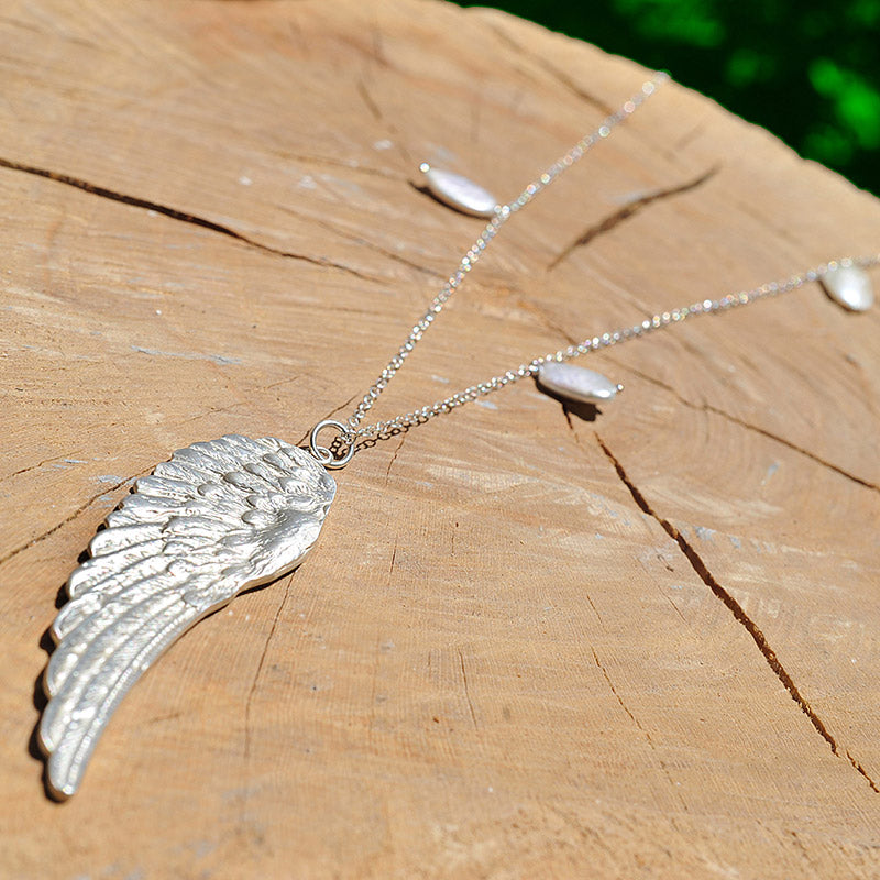 Sterling Silver Long Feather Necklace with Freshwater Pearl