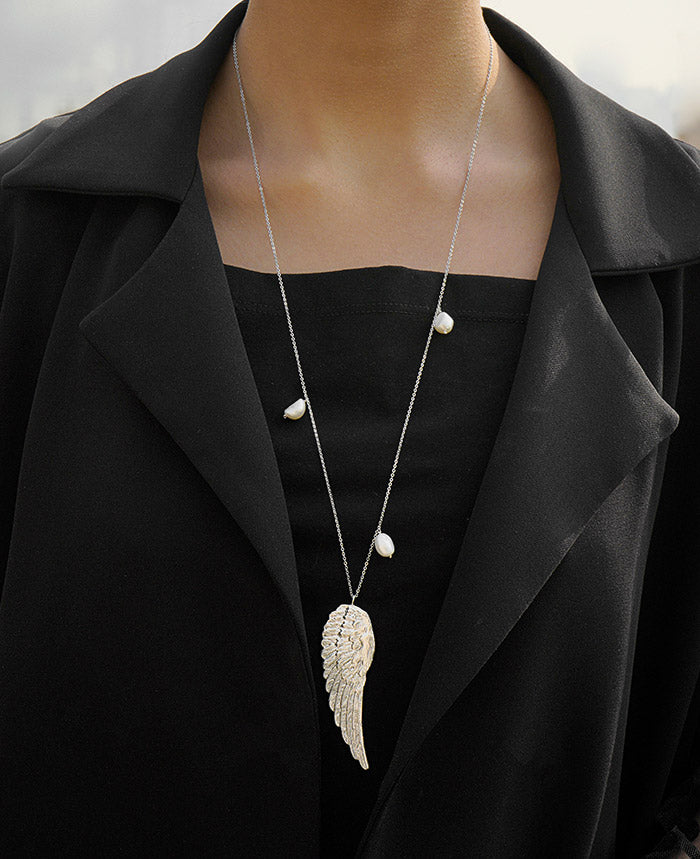 Silver Long Angel Wing Necklace with Freshwater Pearl