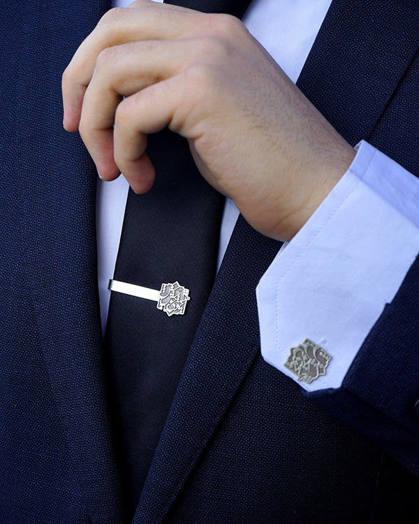 Sterling Silver Calligraphy Cufflinks and Tie Bar, Poem of Khayyam