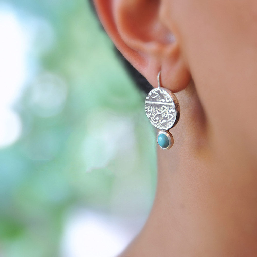 Sterling Silver Dangle Persian Earrings with Turquoise