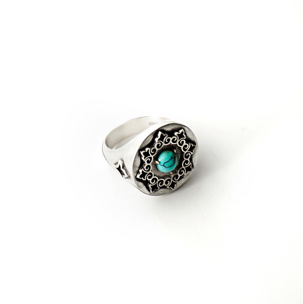 Oxidized Silver Turquoise Signet Ring with Persian Pattern