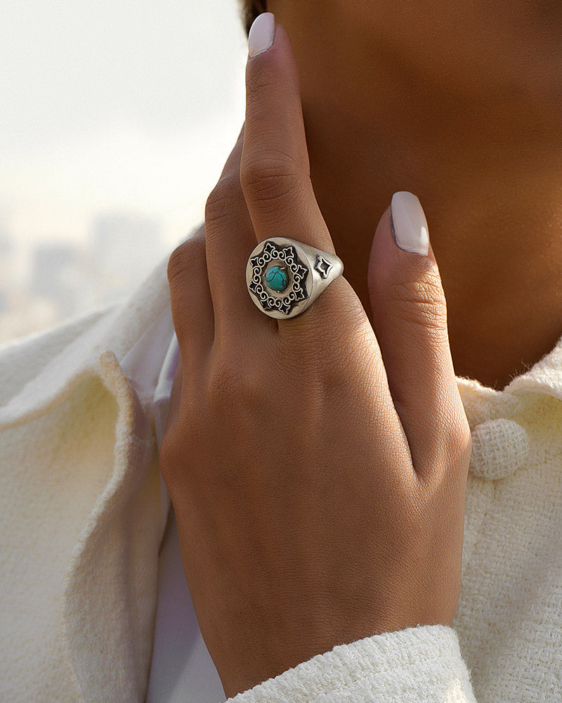 Silver Turquoise Signet Ring with Persian Pattern
