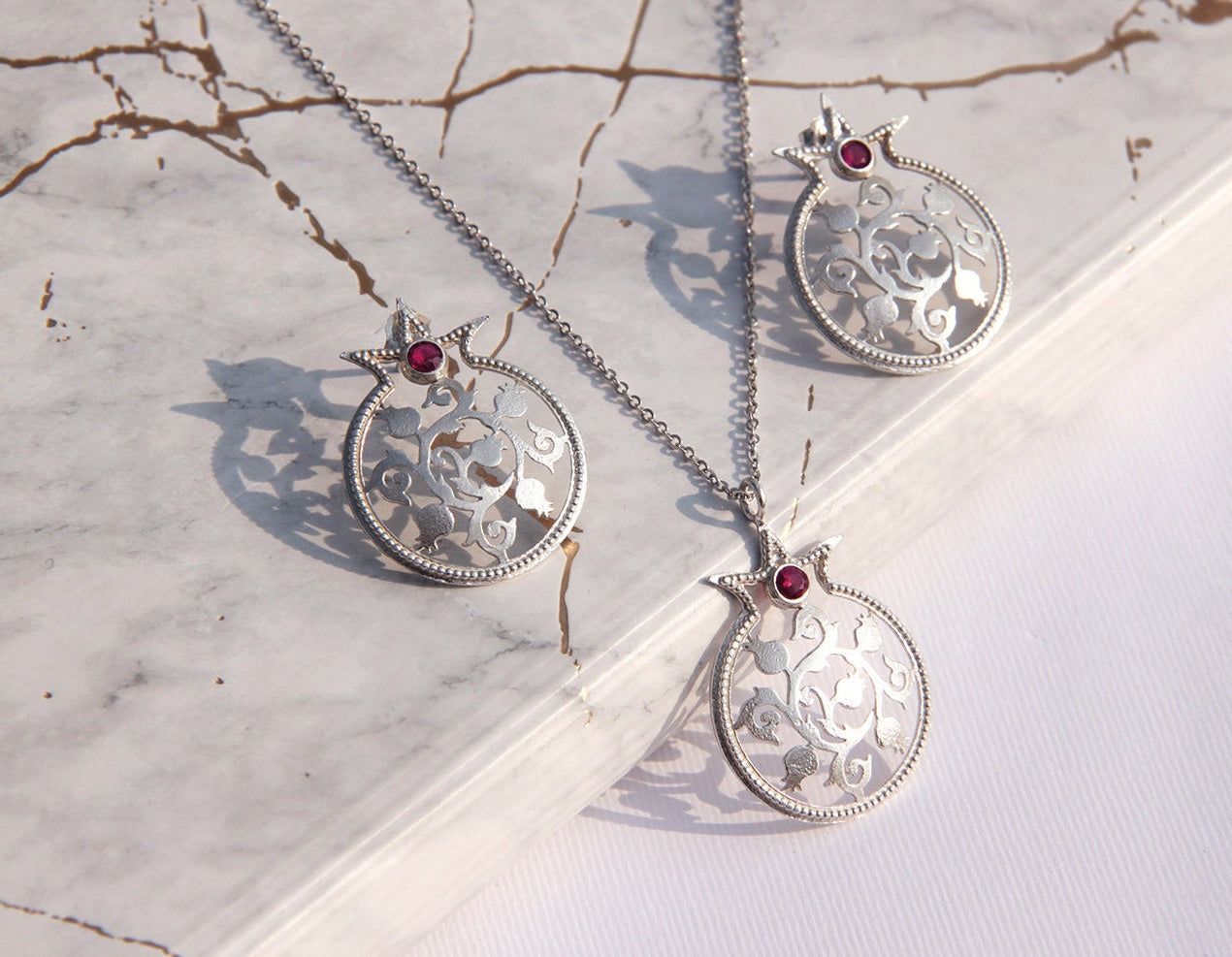 Silver Pomegranate Earrings and Necklace